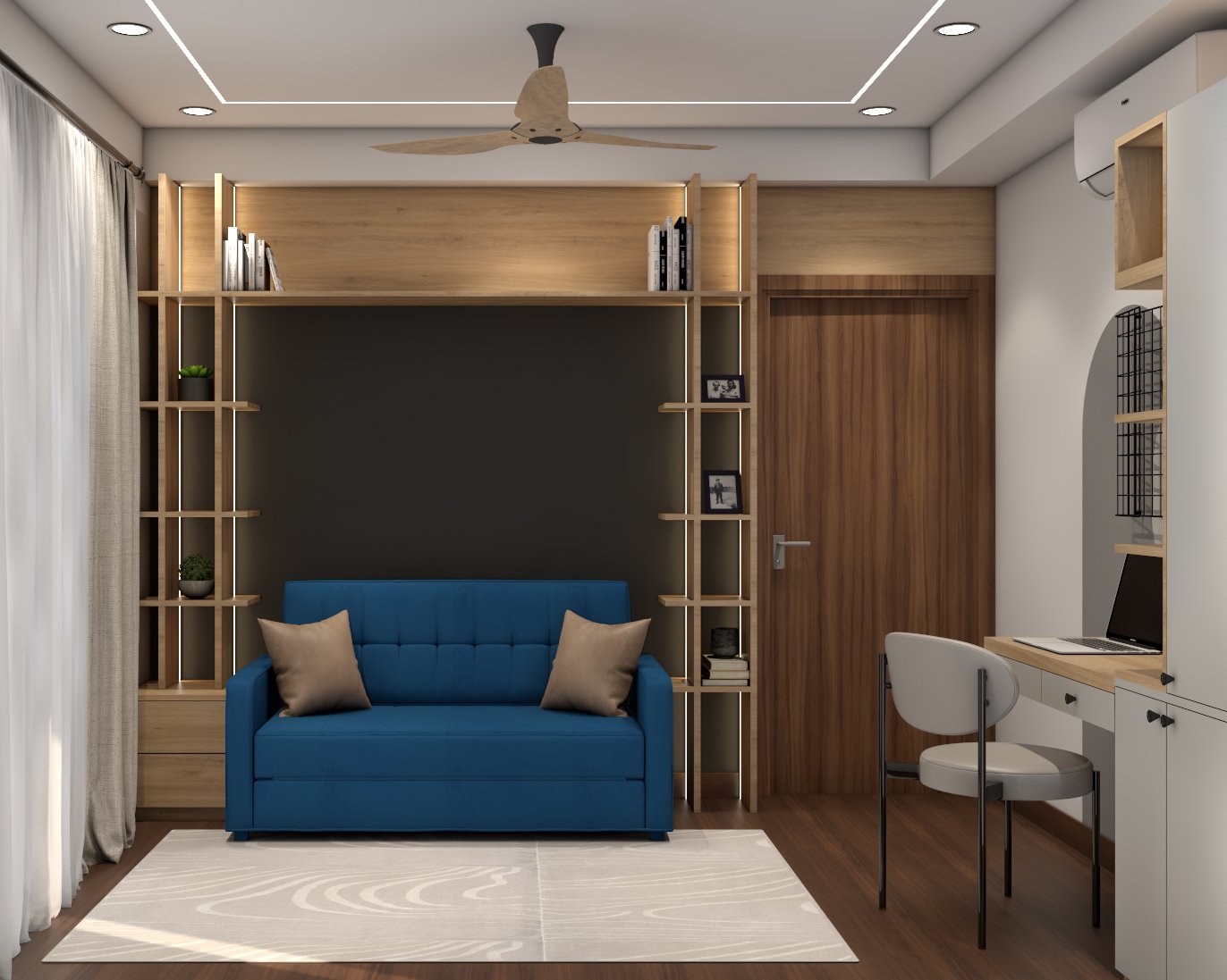 Neutral Space-Saving Living Room Design with Blue Sofa