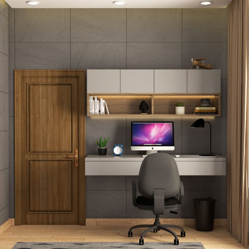 Rustic Study Rom Design In Grey And Wood With Swivel Chair