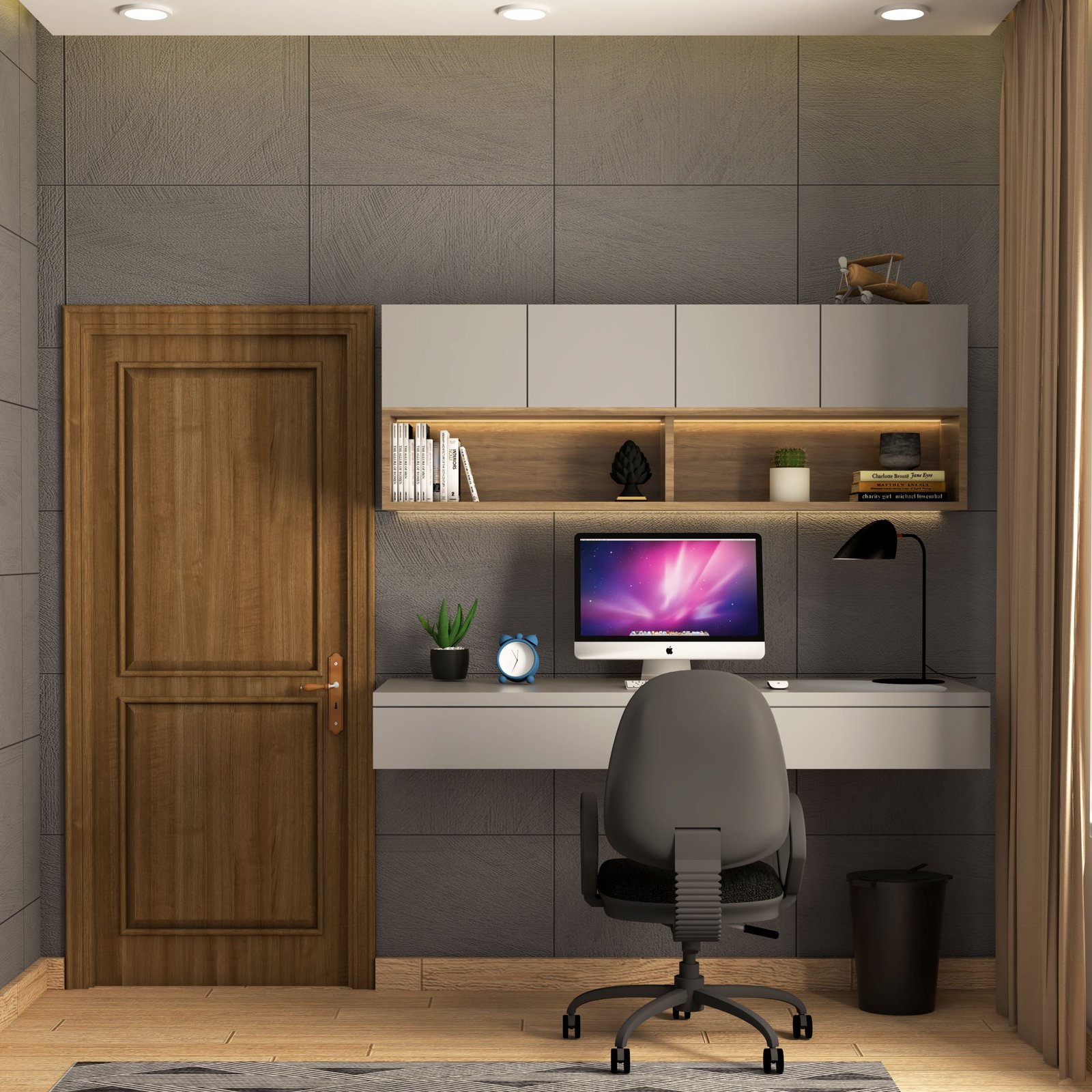 Rustic Study Rom Design In Grey And Wood With Swivel Chair