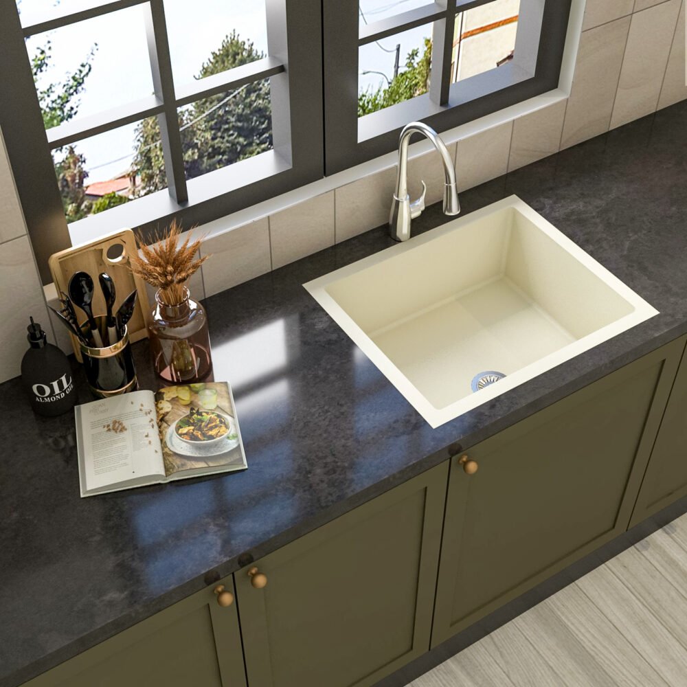 Classic White Quartz Single Bowl Basin Wash With Black Countertop