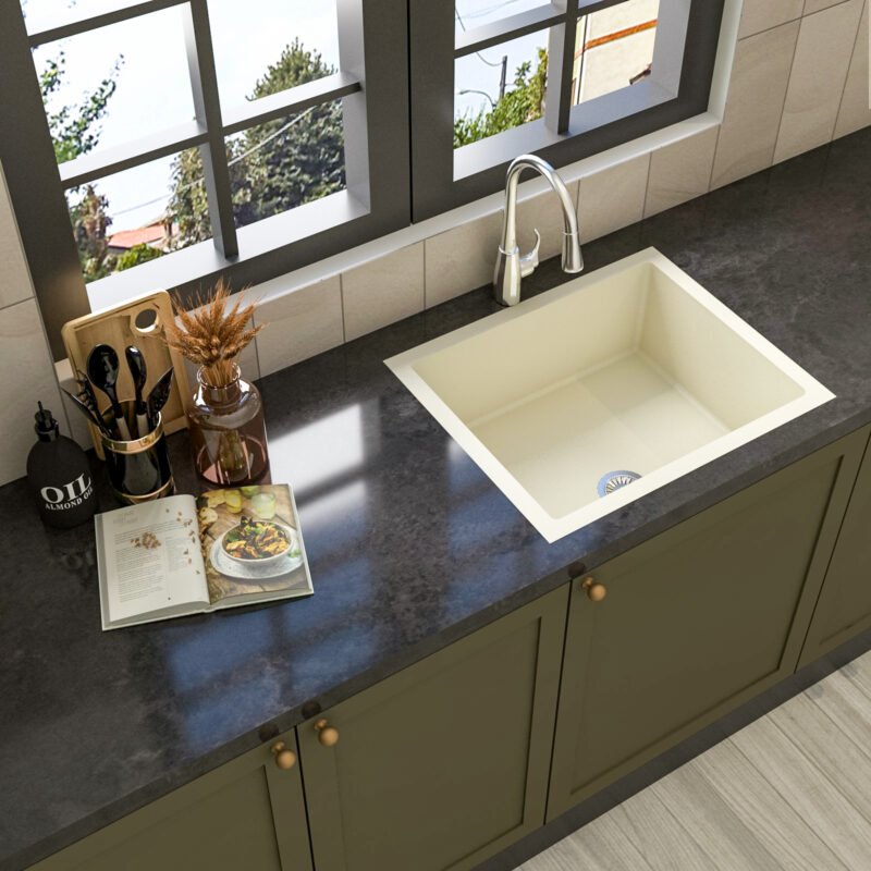 Classic White Quartz Single Bowl Basin Wash With Black Countertop