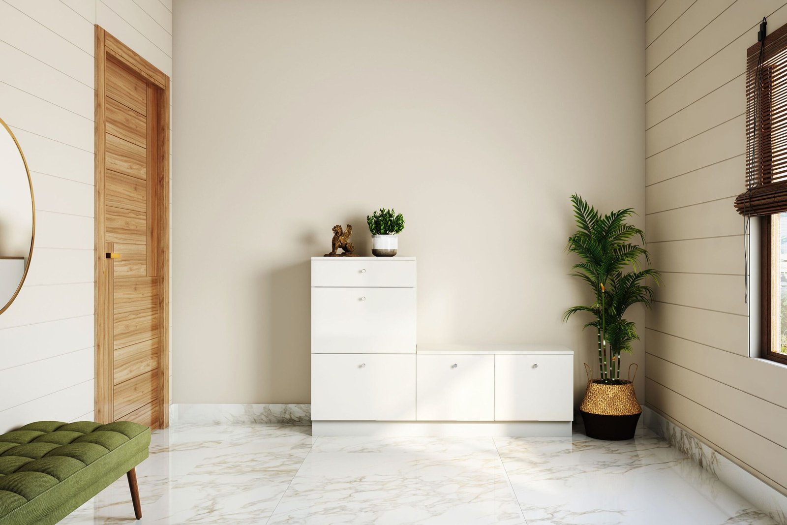 Frosty White Scandinavian Foyer Design with Storage