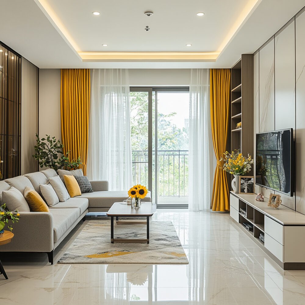 Modern Living Room Design with L-Shaped Sofa and Marble Table