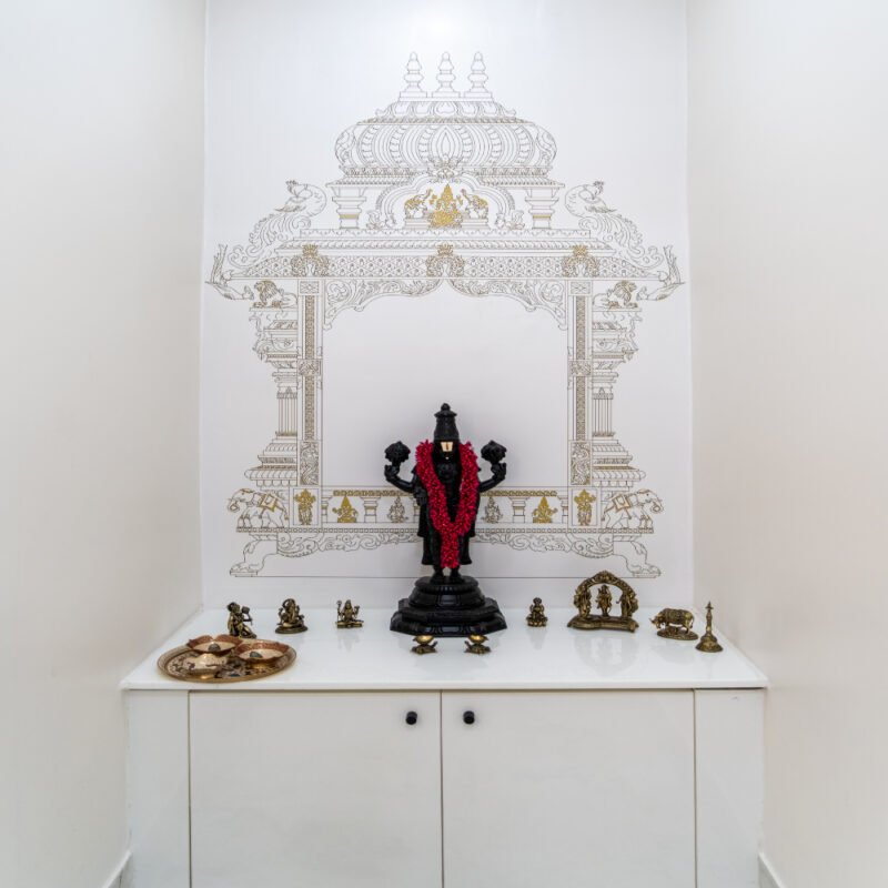 Modern White Pooja Room Design with High Gloss Laminate Storage