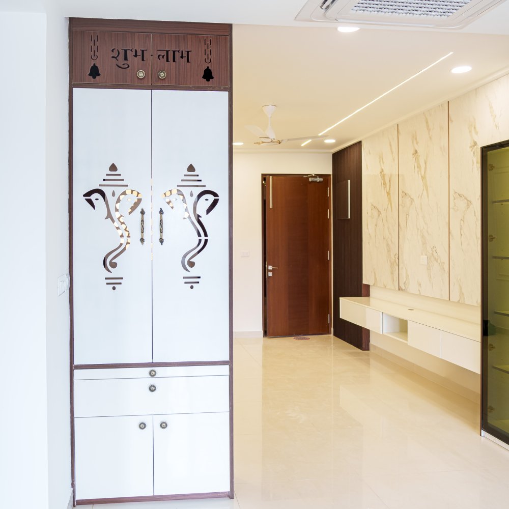 Modern Floor-Mounted Pooja Unit Design in White and Sandy Fossil