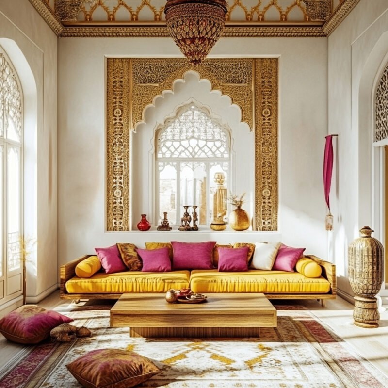 Traditional Living Room Design with Vibrant Yellow Sofa and Wooden Accents