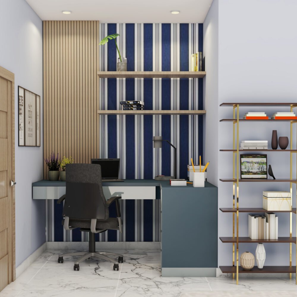 Contemporary Study Room Design With L-Shaped Wall-Mounted Study Table And Blue Wallpaper