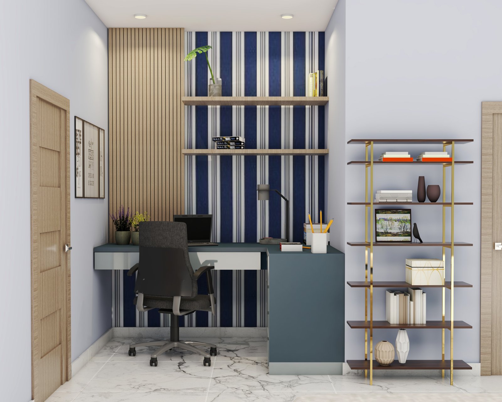 Contemporary Study Room Design With L-Shaped Wall-Mounted Study Table And Blue Wallpaper