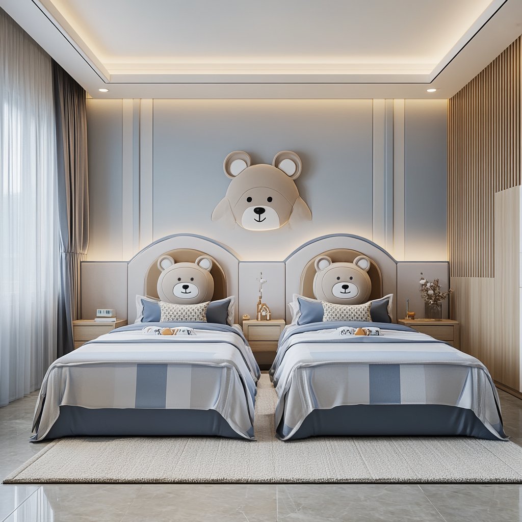 Modern Kids Bedroom Design with Teddy Bear-Themed Headboards