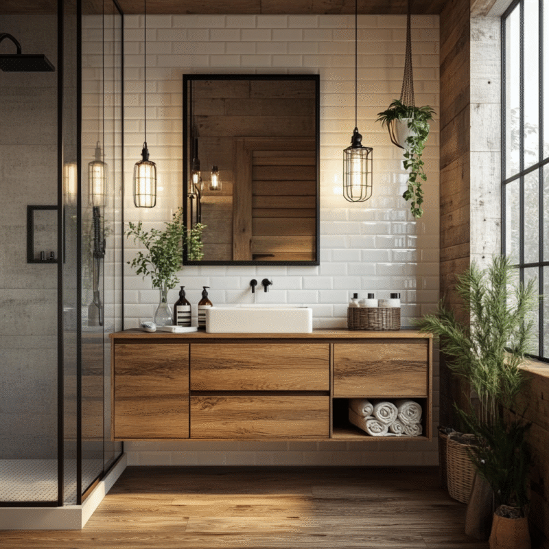 Industrial Bathroom Design with Glass Shower and Wooden Vanity