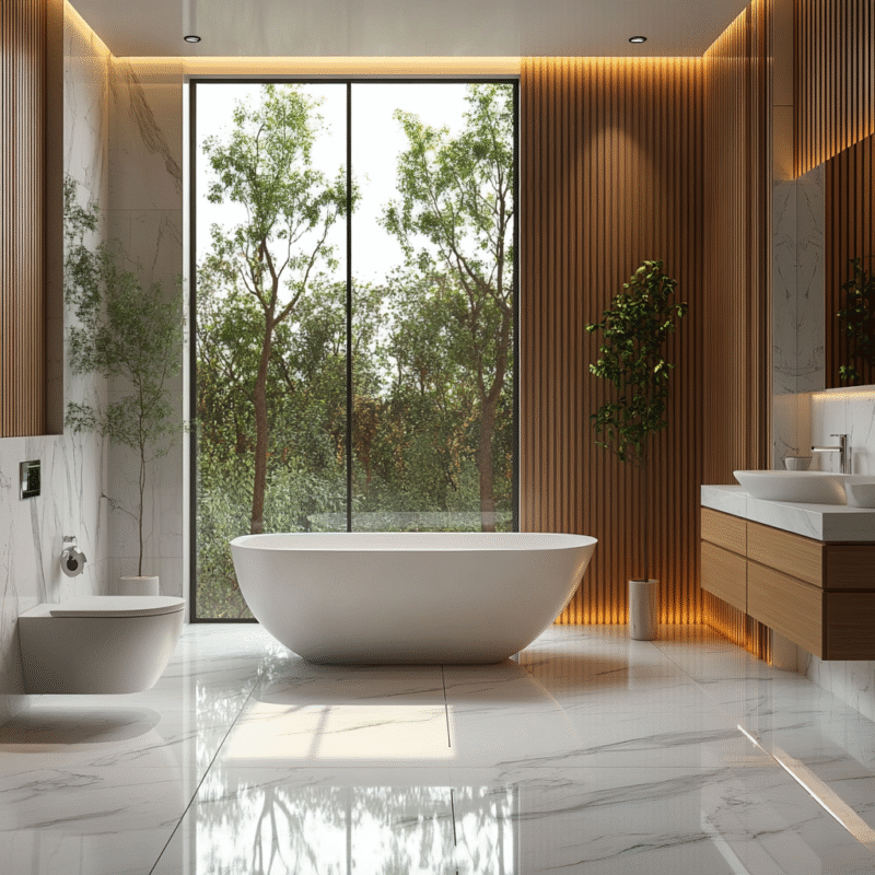 Modern Bathroom Design with Freestanding Tub and Marble Finishes