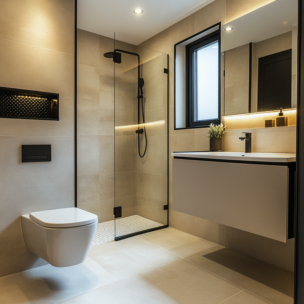 Contemporary Bathroom Design with LED Mirror and Black Shower Enclosure