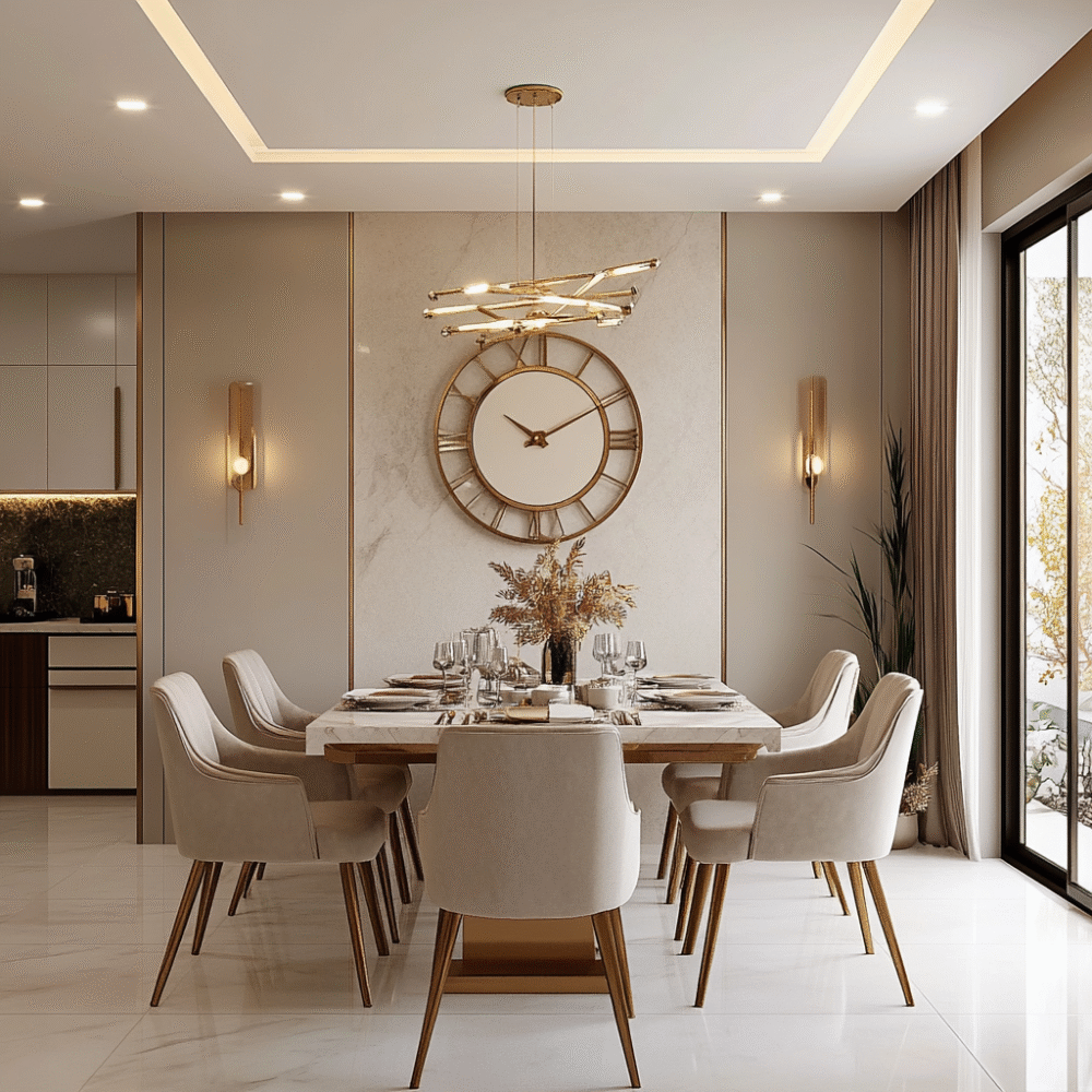 Modern Dining Room Design with Marble Table and Velvet Chairs