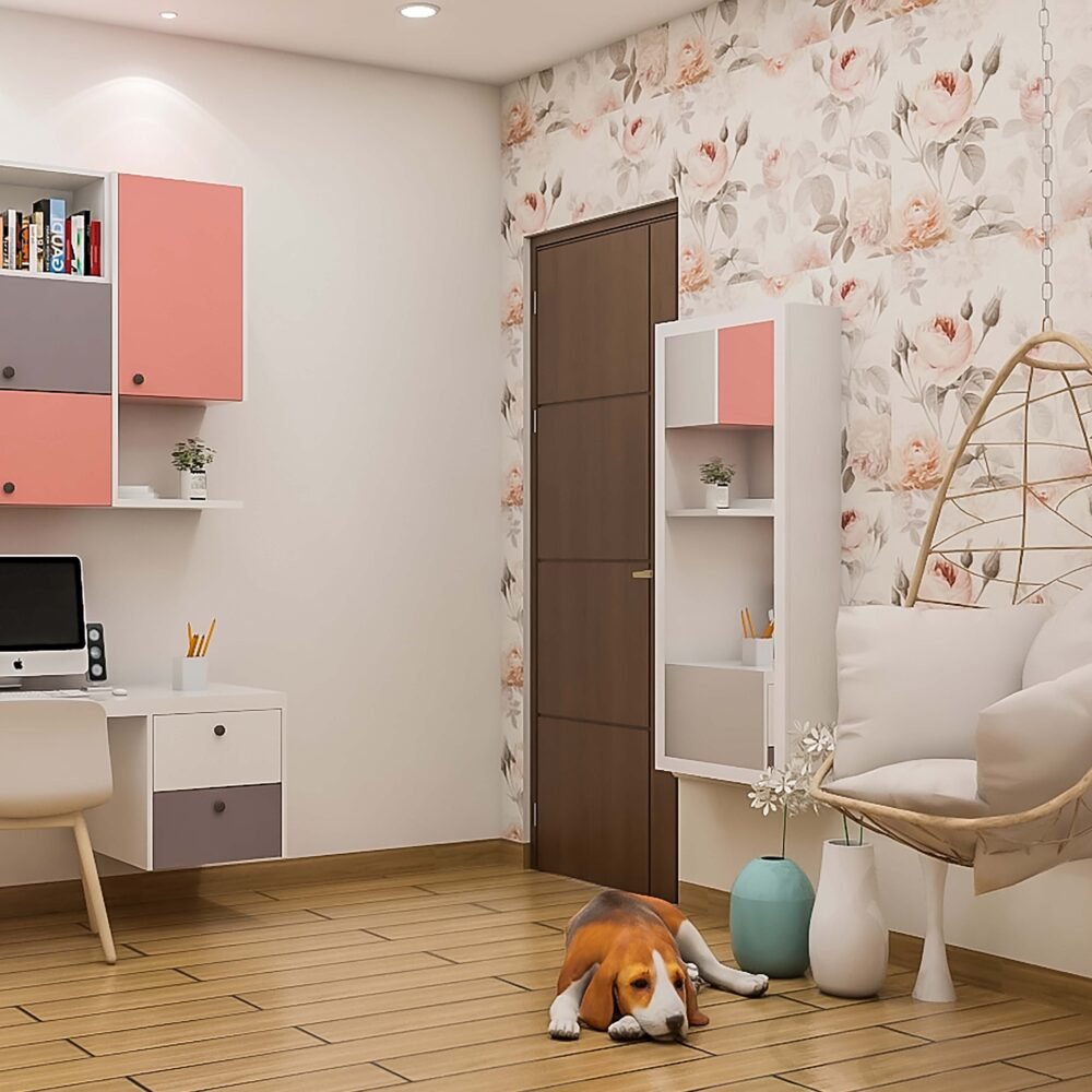 Contemporary Rose Pink And Grey Compact Study Room Design