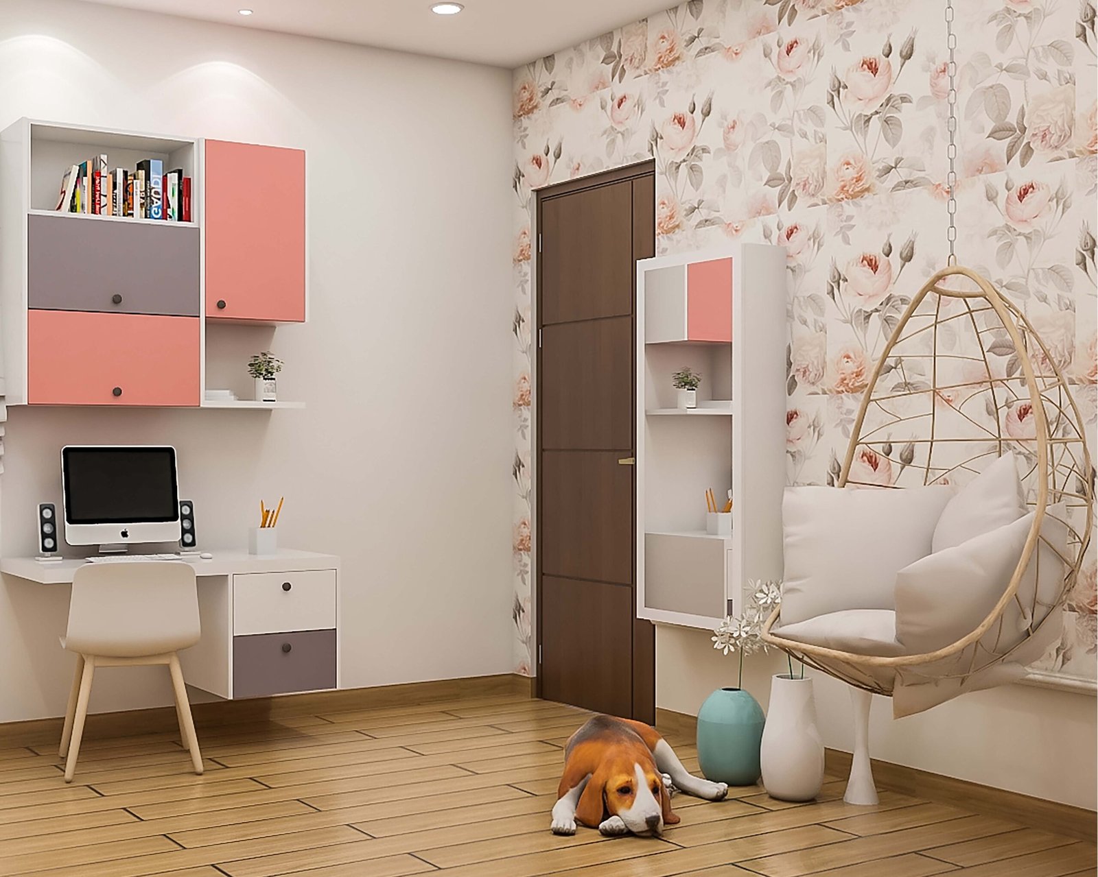 Contemporary Rose Pink And Grey Compact Study Room Design