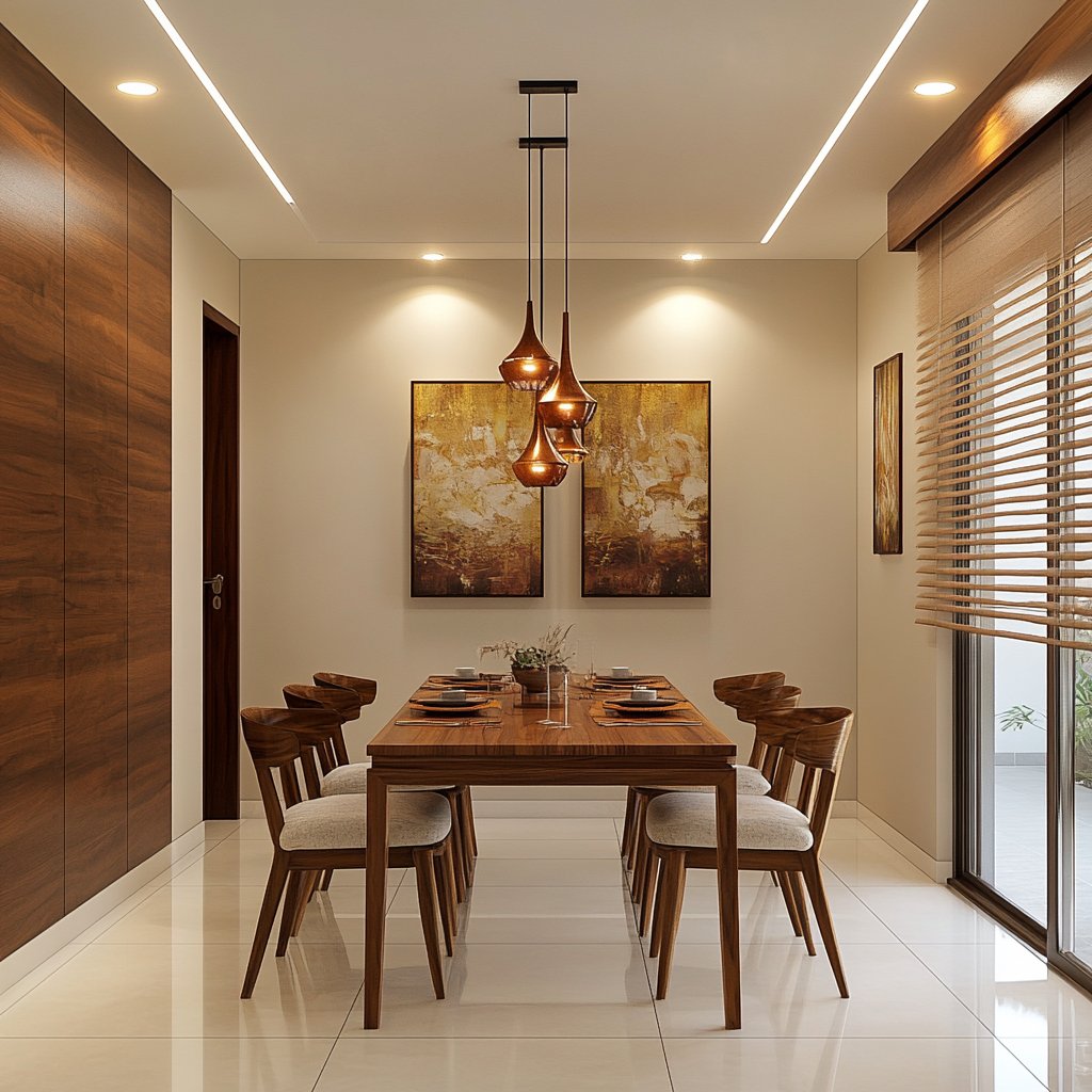 Contemporary Dining Room Design with Warm Wood Rectangular Table