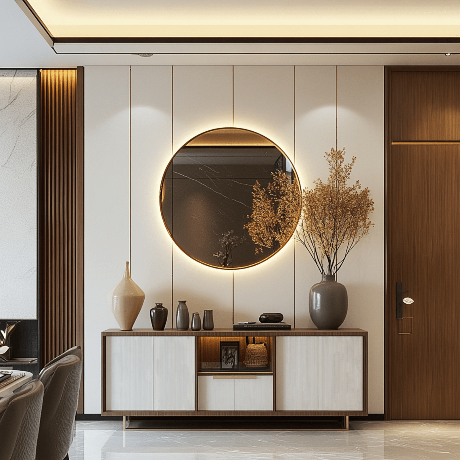 Contemporary Foyer Design with Backlit Mirror and Storage Console