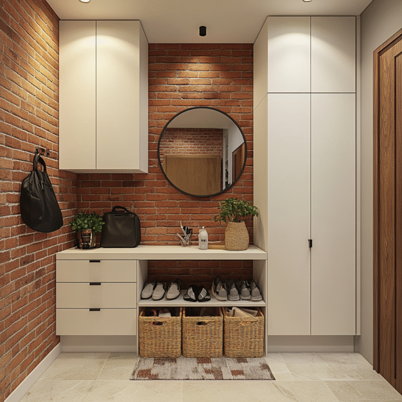 Industrial-Style Foyer Design with Brick Wall and White Storage Cabinets