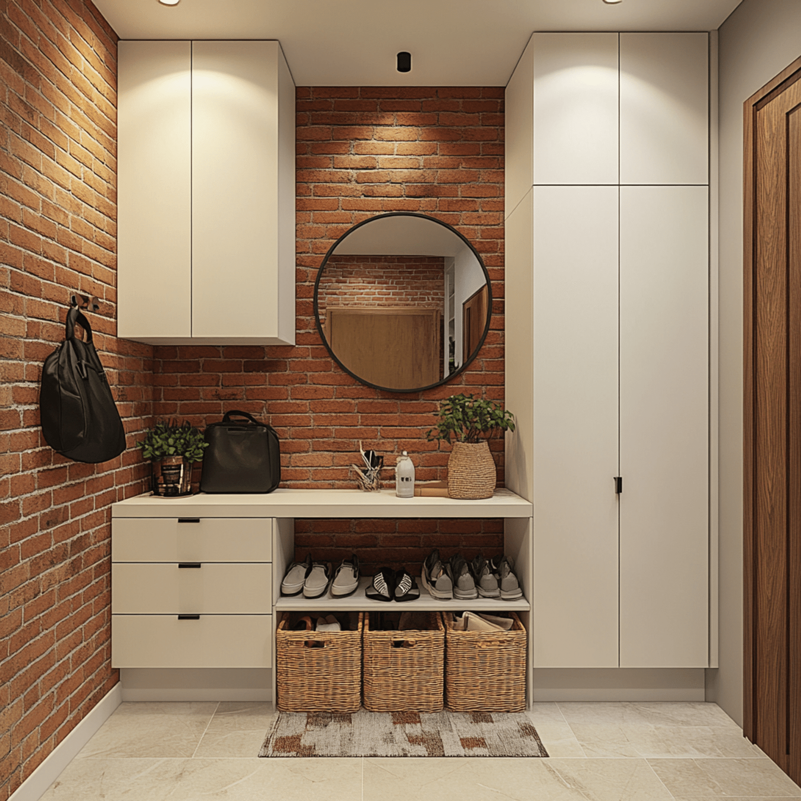 Industrial-Style Foyer Design with Brick Wall and White Storage Cabinets