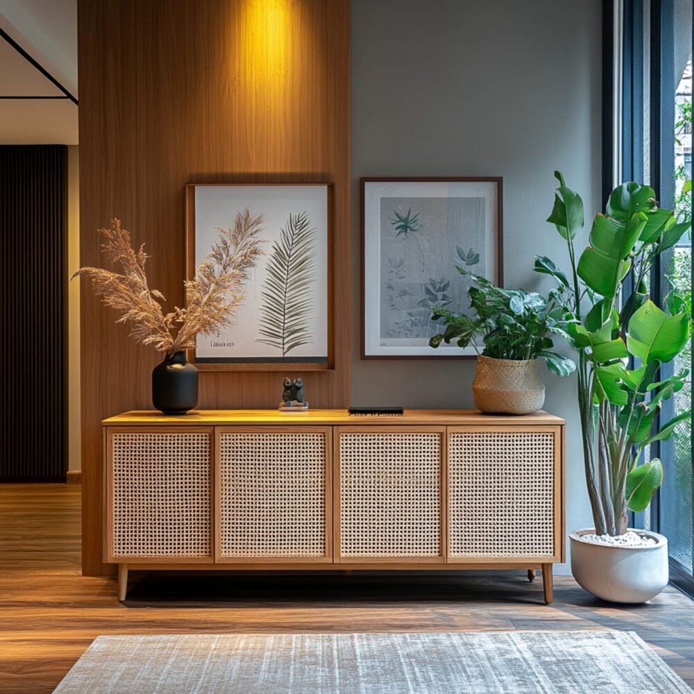 Bohemian-Style Foyer Design with Cane-Front Storage Cabinet