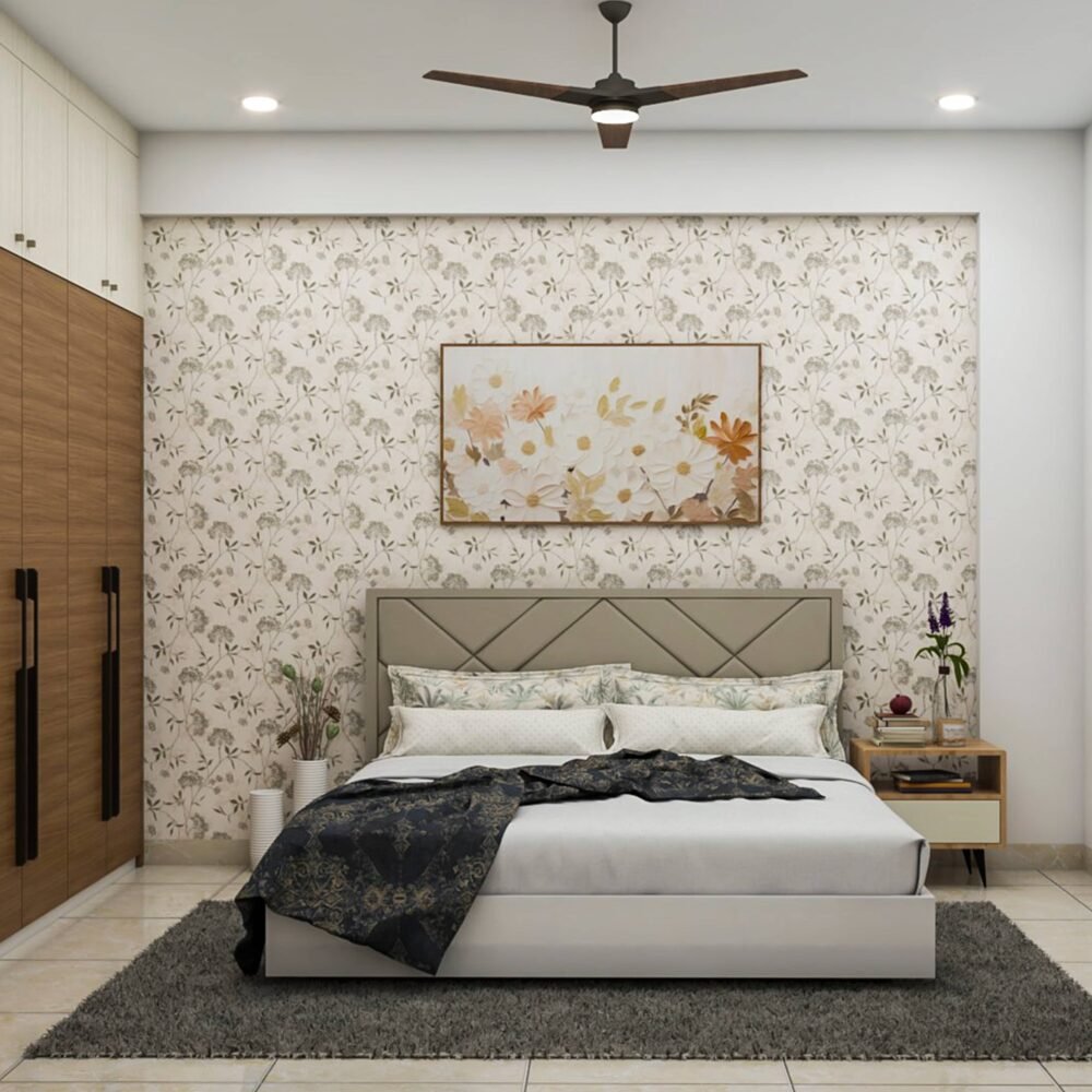 Contemporary Master Bedroom Design with Wallpaper and Storage Bench