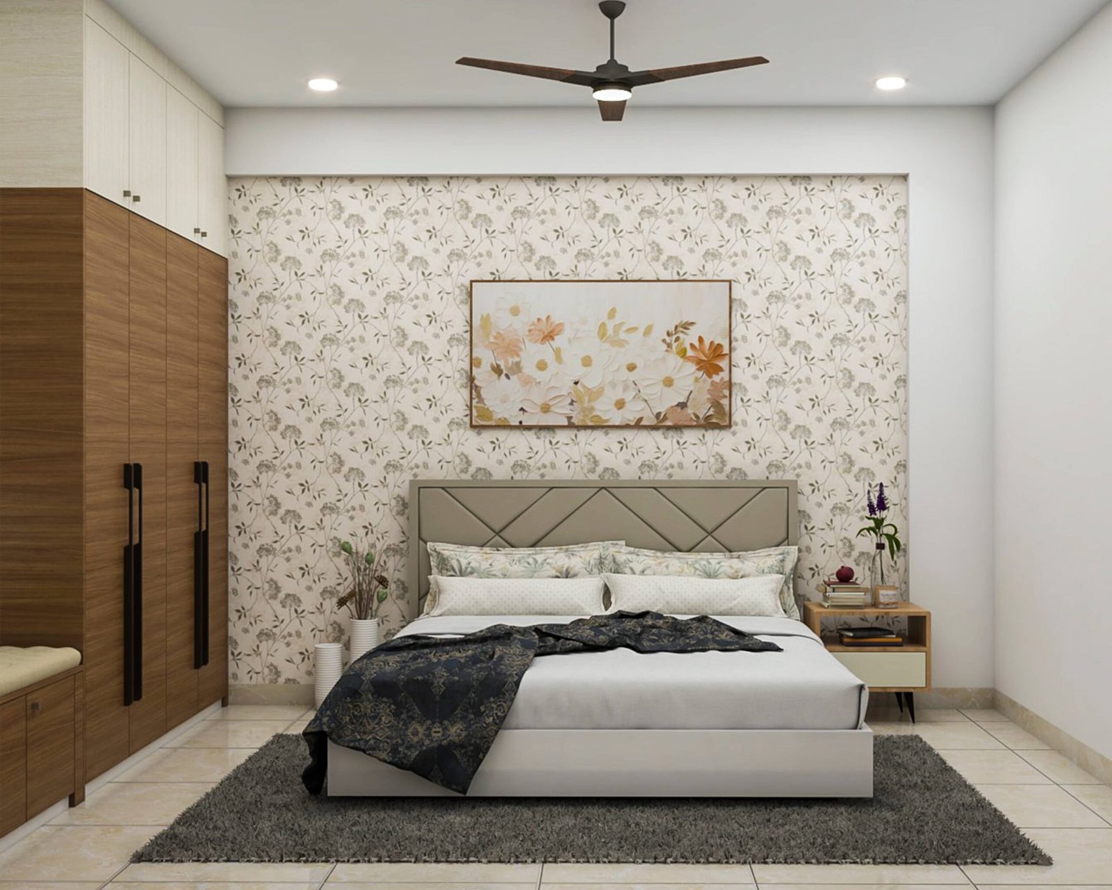 Contemporary Master Bedroom Design with Wallpaper and Storage Bench