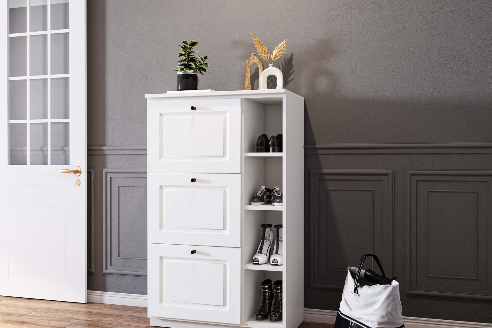 Mid Century Modern Off White Foyer Design with Grey Wall