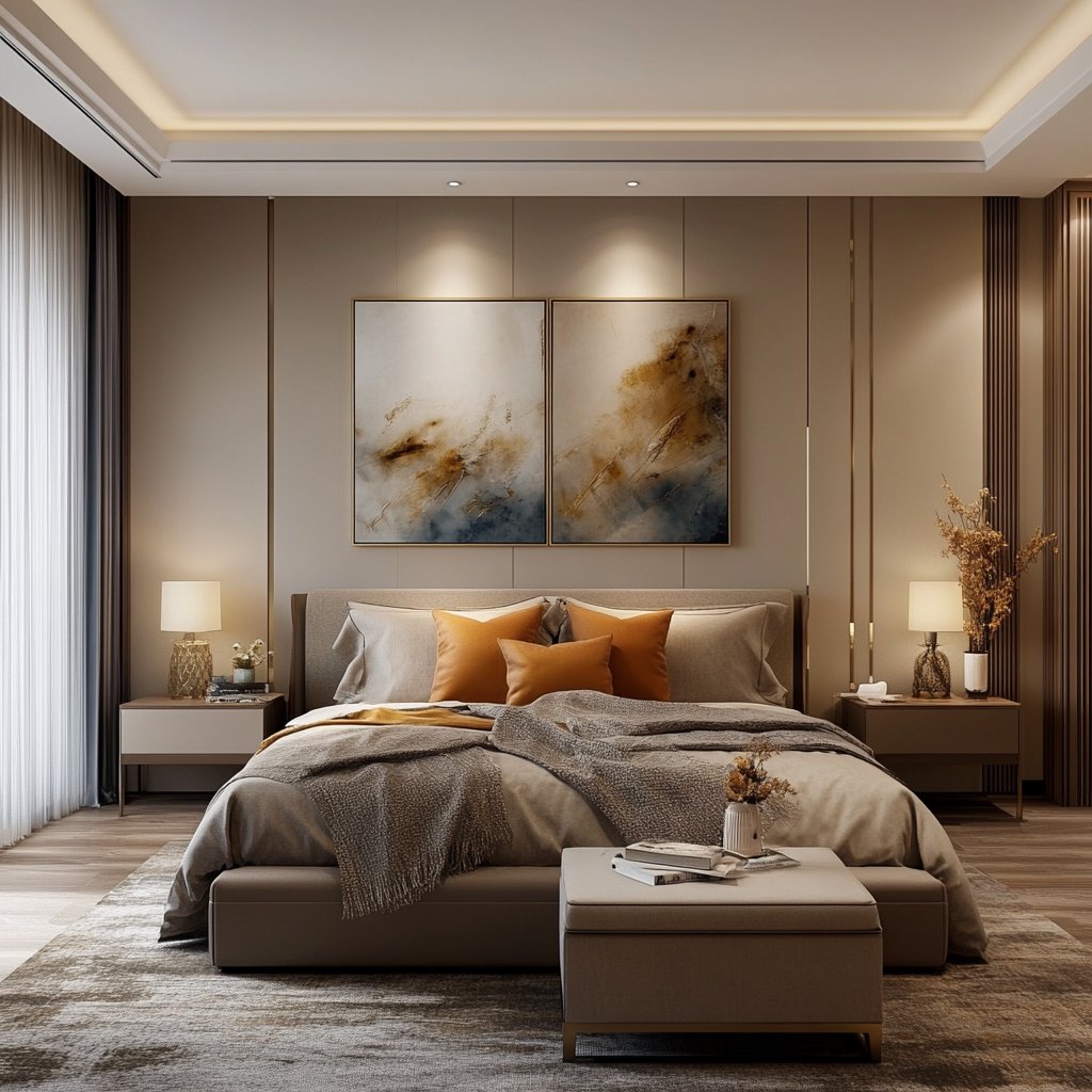 Modern Master Bedroom Design with King Bed and Upholstered Bench