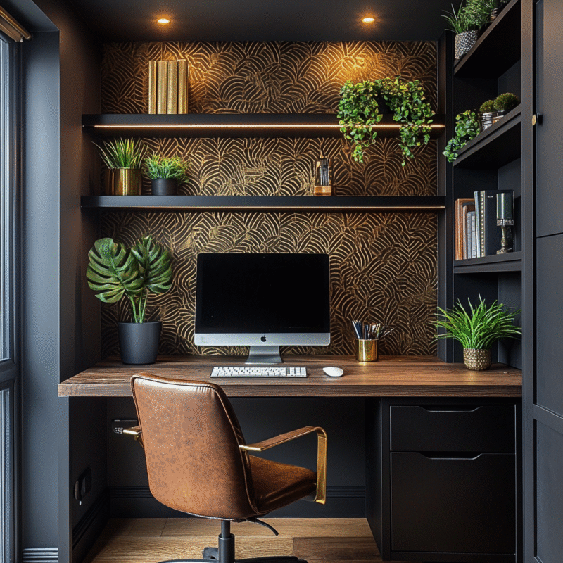 Modern Black Home Office Design with Gold Wallpaper and Leather Chair