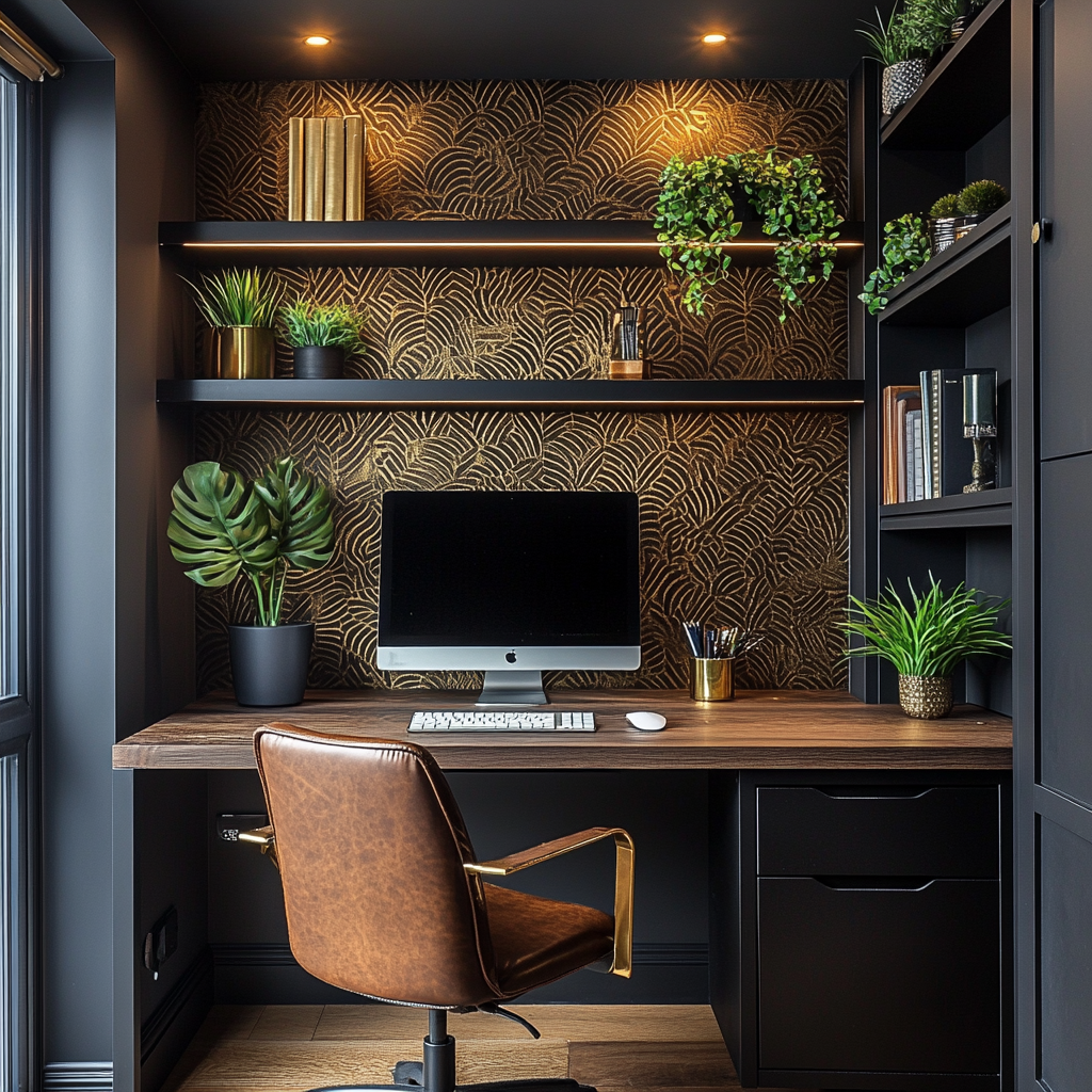 Modern Black Home Office Design with Gold Wallpaper and Leather Chair