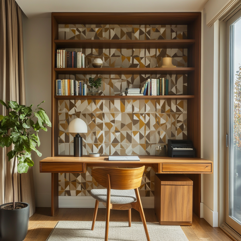 Mid-Century Modern Home Office Design with Wooden Desk