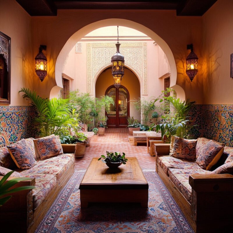 Traditional Living Room Design With Carved Wooden Sofas and Courtyard Features