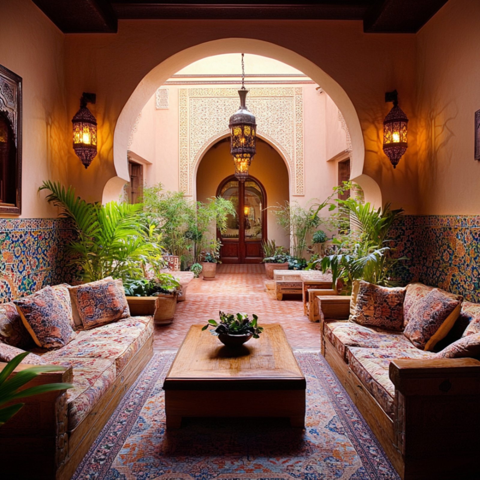Traditional Living Room Design With Carved Wooden Sofas and Courtyard Features