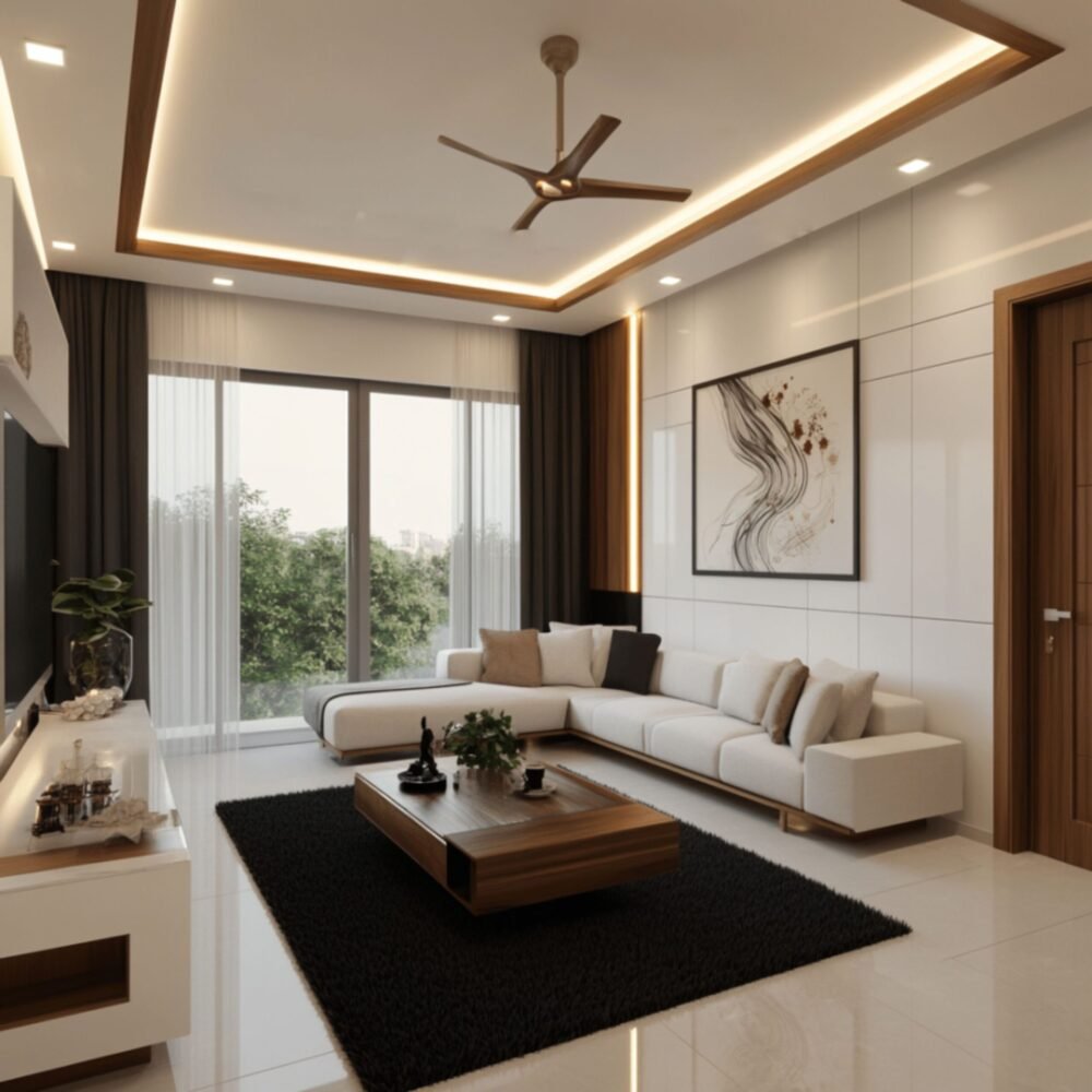 Contemporary False Ceiling Design with Cove Light and Wooden Finish