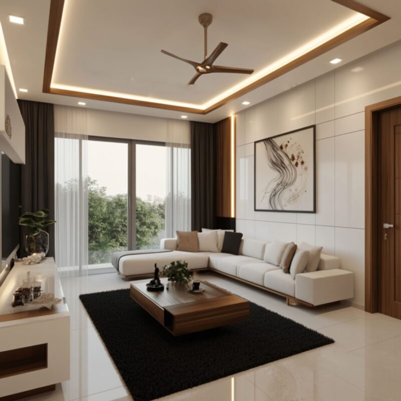 Contemporary False Ceiling Design with Cove Light and Wooden Finish