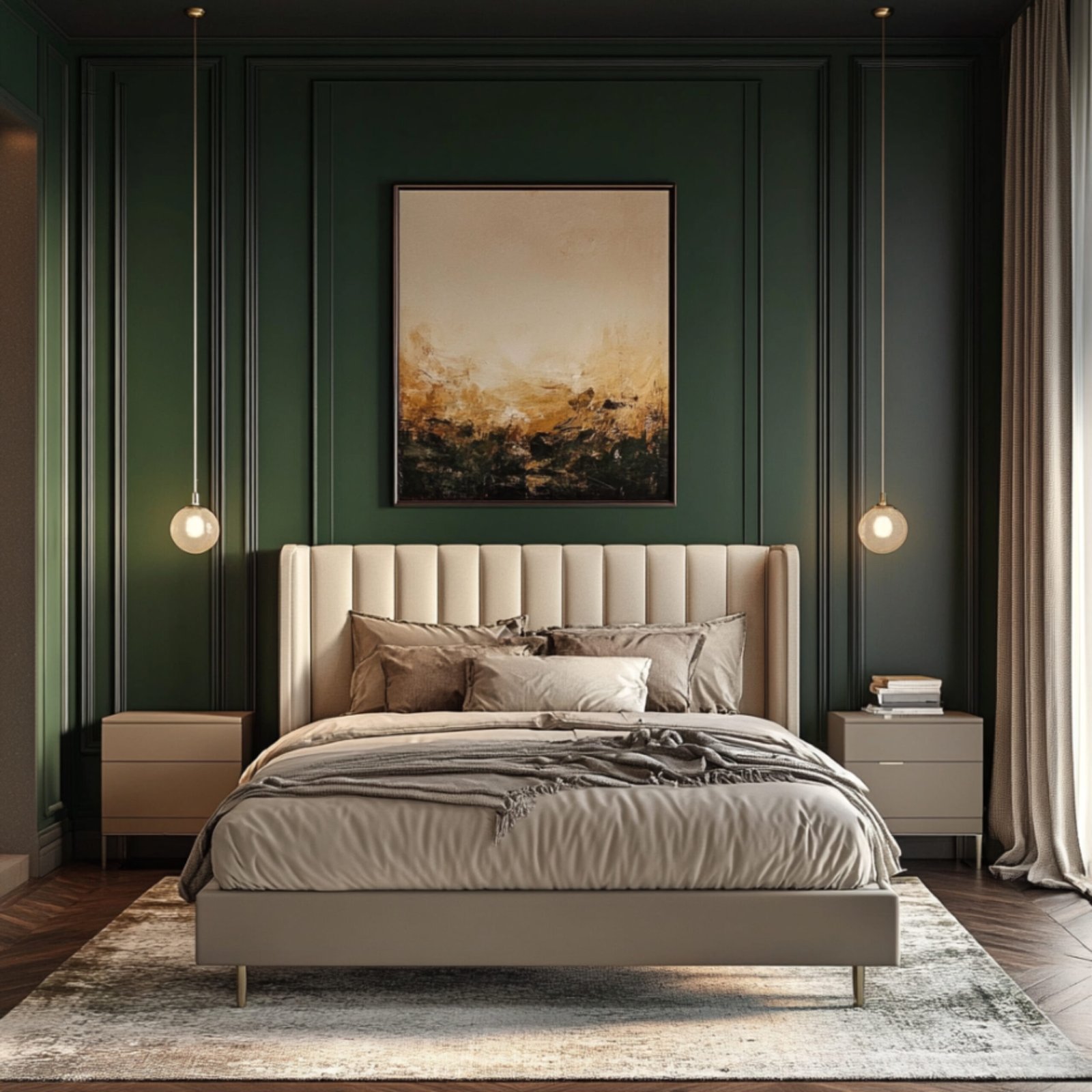 Modern Master Bedroom Design With Deep Forest Green Accent Wall