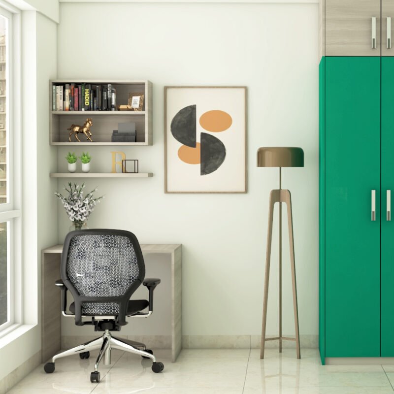 Contemporary Light Brown Study Room Design With Wall-Mounted Storage