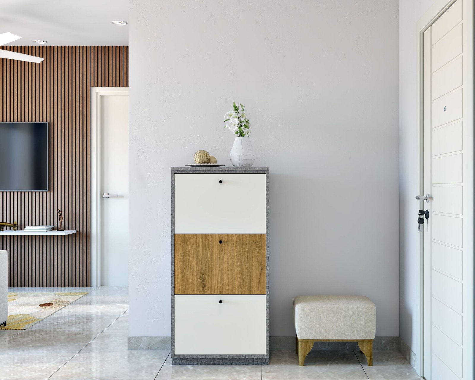 Modern Teak Hazil and Champagne Foyer Design