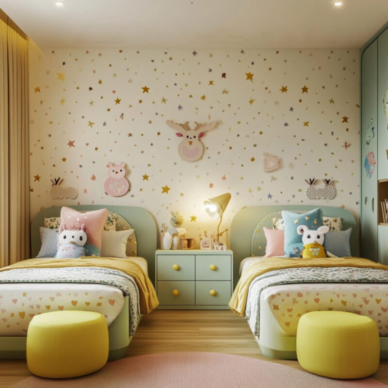 Space-Efficient Twin Beds with Shared Nightstand and Under-Bed Storage