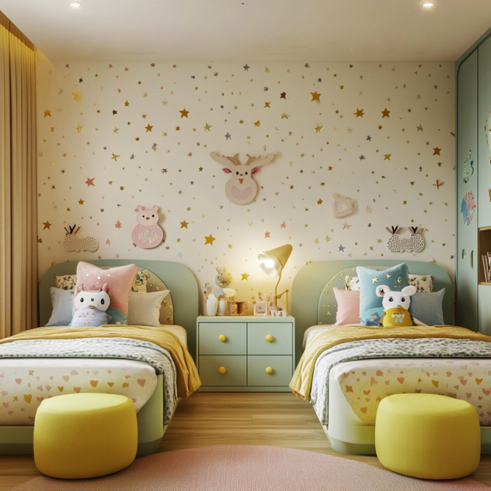 Space-Efficient Twin Beds with Shared Nightstand and Under-Bed Storage