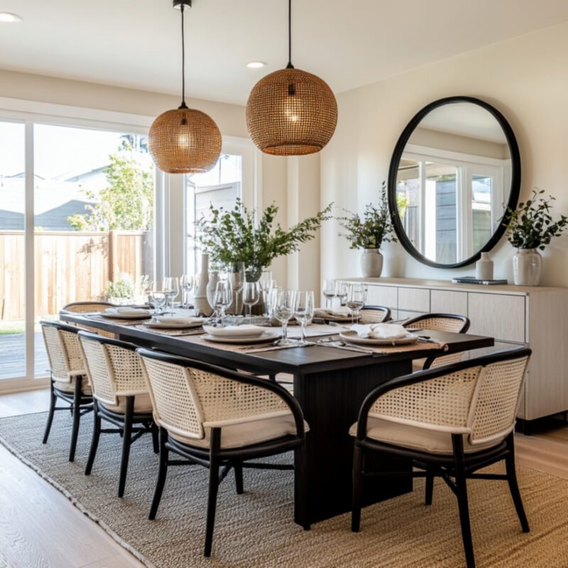 Bohemian Dining Room Design With Rattan Chairs and Dark Wood Table