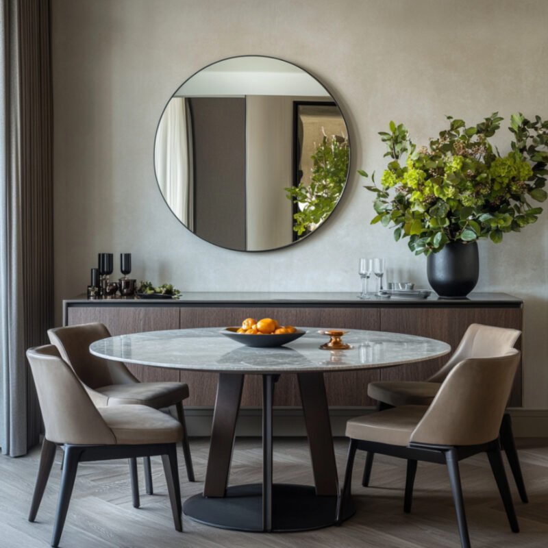 Contemporary Dining Room Design With Marble Table and Taupe Chairs