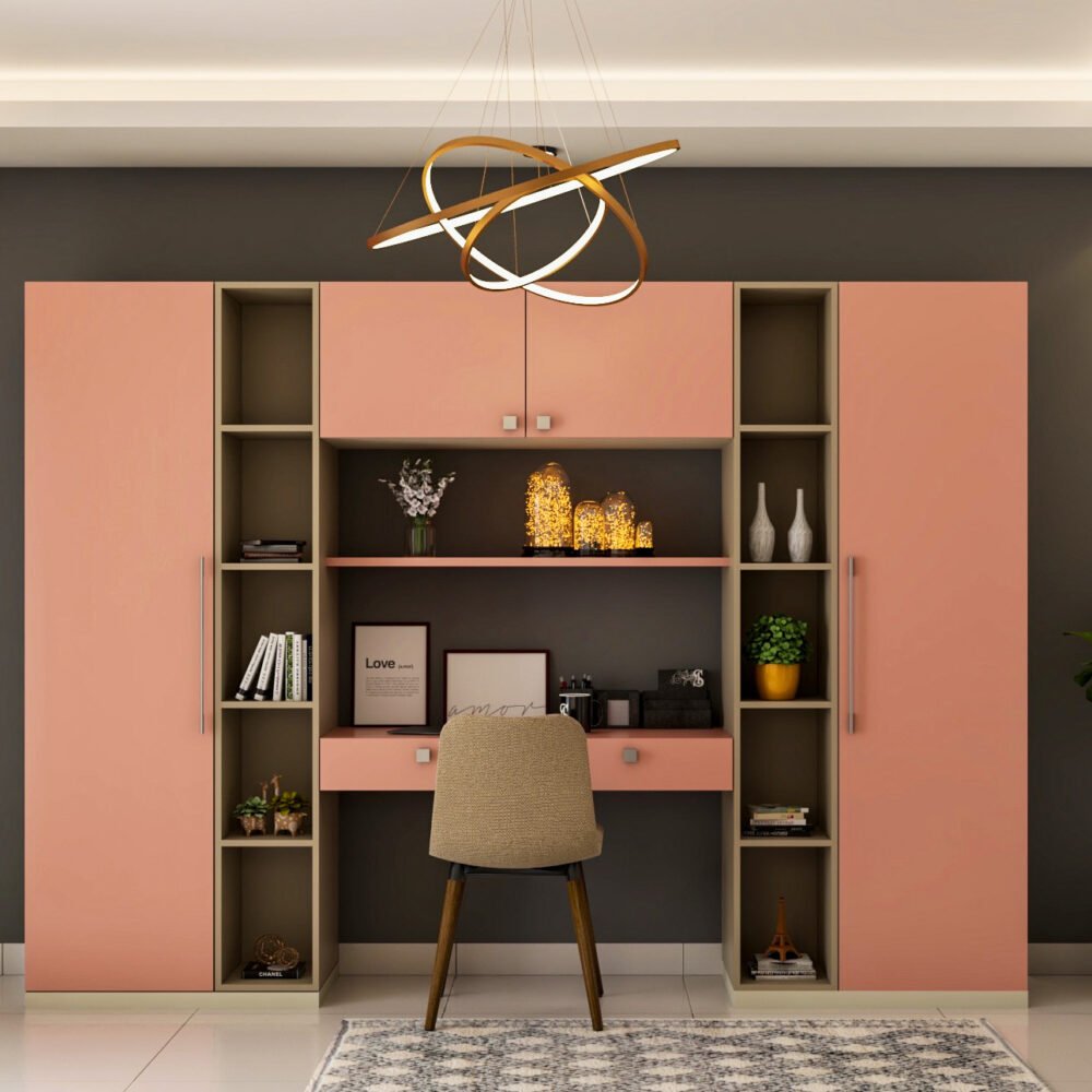 Modern Tan And Rose Pink Study Room Design With Tall Storage Units