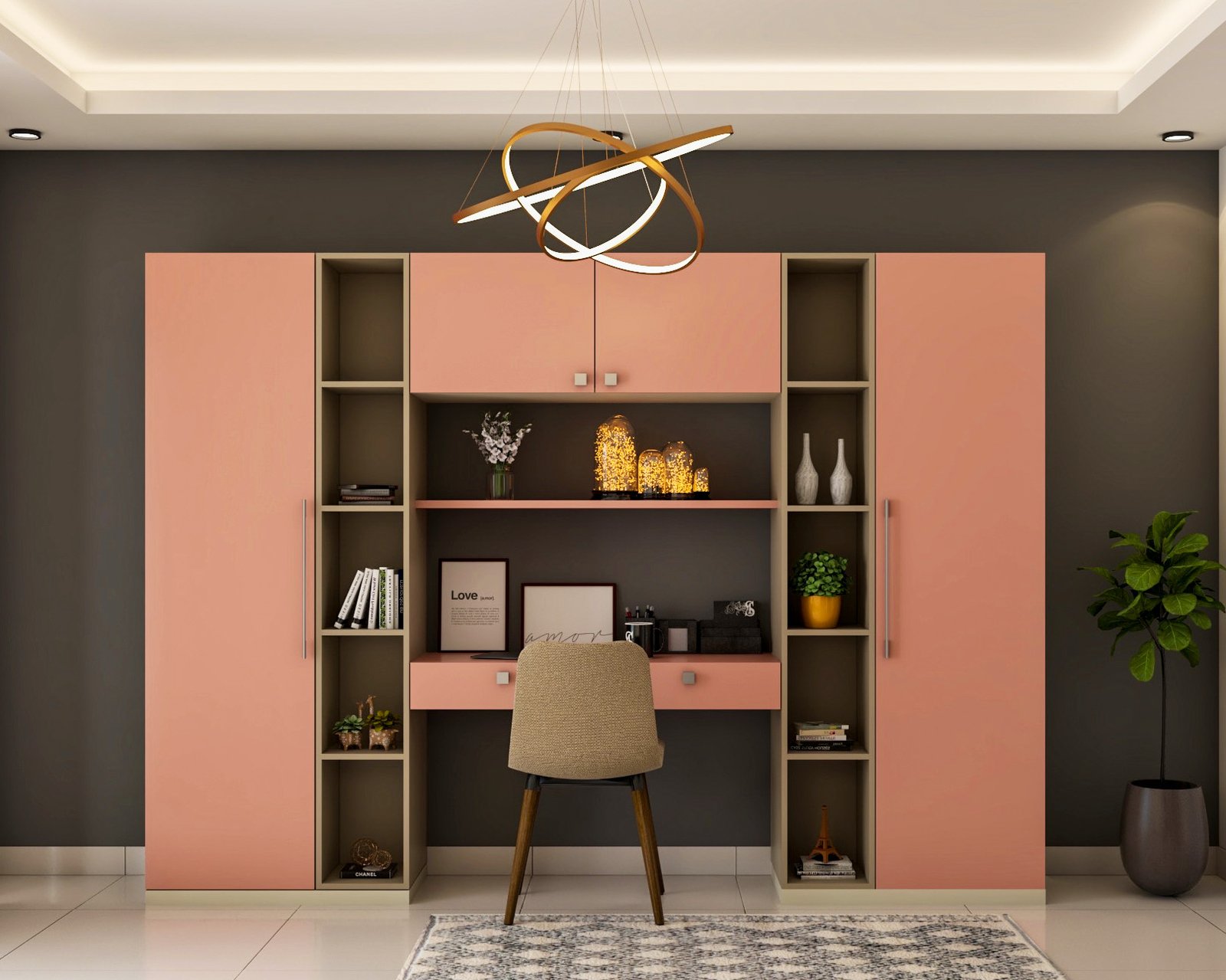 Modern Tan And Rose Pink Study Room Design With Tall Storage Units