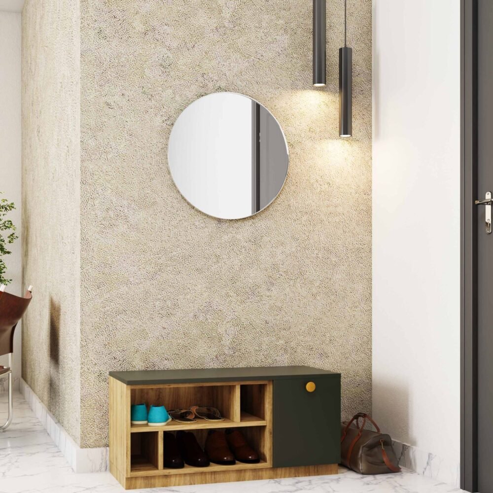 Modern Slate and Acacia Foyer Design with Round Mirror