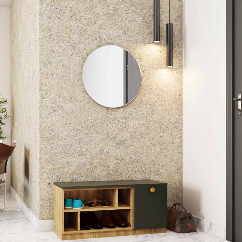 Modern Slate and Acacia Foyer Design with Round Mirror