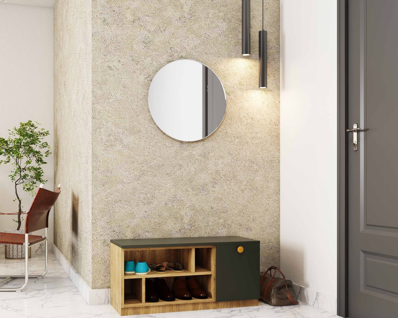 Modern Slate and Acacia Foyer Design with Round Mirror