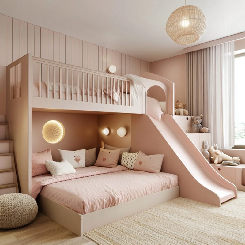 Modern Kids Bedroom Design with Bunk Bed and Soft Pink Walls