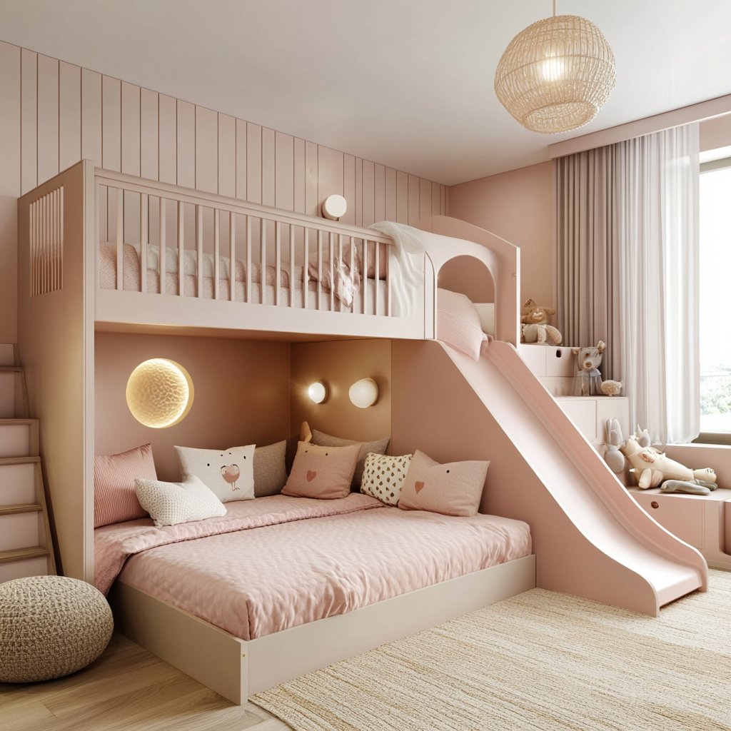 Modern Kids Bedroom Design with Bunk Bed and Soft Pink Walls