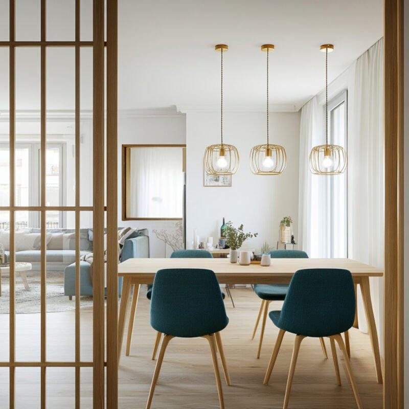 Scandinavian Dining Room Design With Teal Chairs and Wooden Table